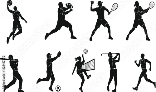 Silhouettes of athletes playing various sports, including tennis, football, basketball, volleyball, golf, and running, isolated on white background