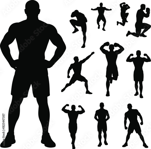 Silhouettes of athletic men, strong body poses, bodybuilding stances, fitness expressions, flexing muscles, workout power, gym strength, active lifestyle