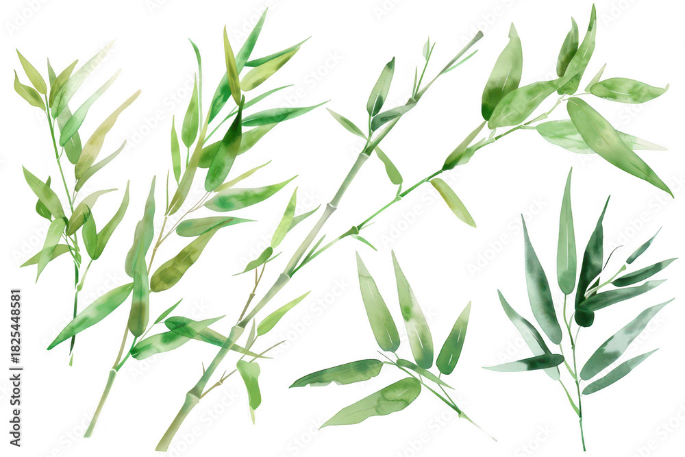 Fototapeta premium A collection of green watercolor leaves various shapes and sizes. ideal for botanical illustrations or nature-themed designs. set against a clean white background