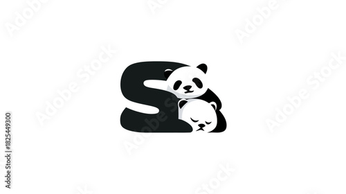 Adorable baby pandas interacting with a stylized letter 'S' on a clean white background, playful and sleeping mascots