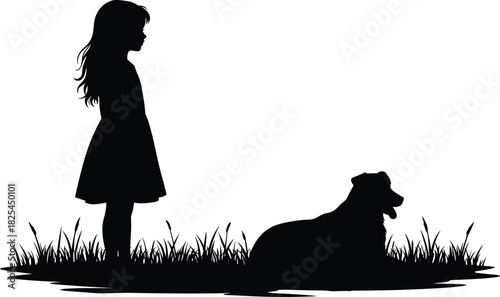 Silhouette of young girl standing, dog lying in grass, child and pet outdoors, friendship, nature scene, calm moment, companionship, trust