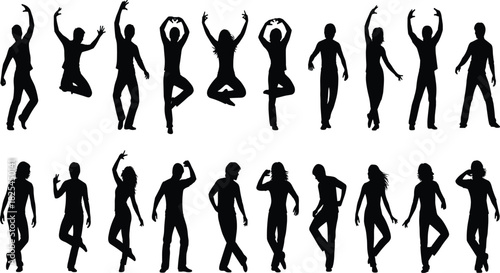 Silhouette people dancing, yoga poses, fitness exercise, modern dance movement, body balance, creative art, abstract human figure, performance, lifestyle illustration, collection