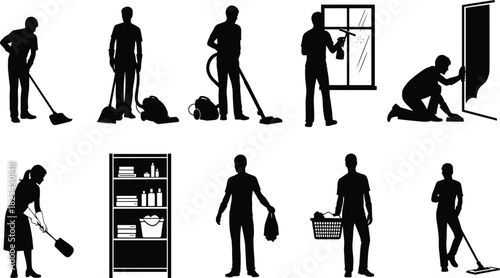 Silhouette people cleaning house, vacuuming floor, washing window, mopping, sweeping, organizing shelf, home maintenance workers, household chores, domestic service, hygiene concept