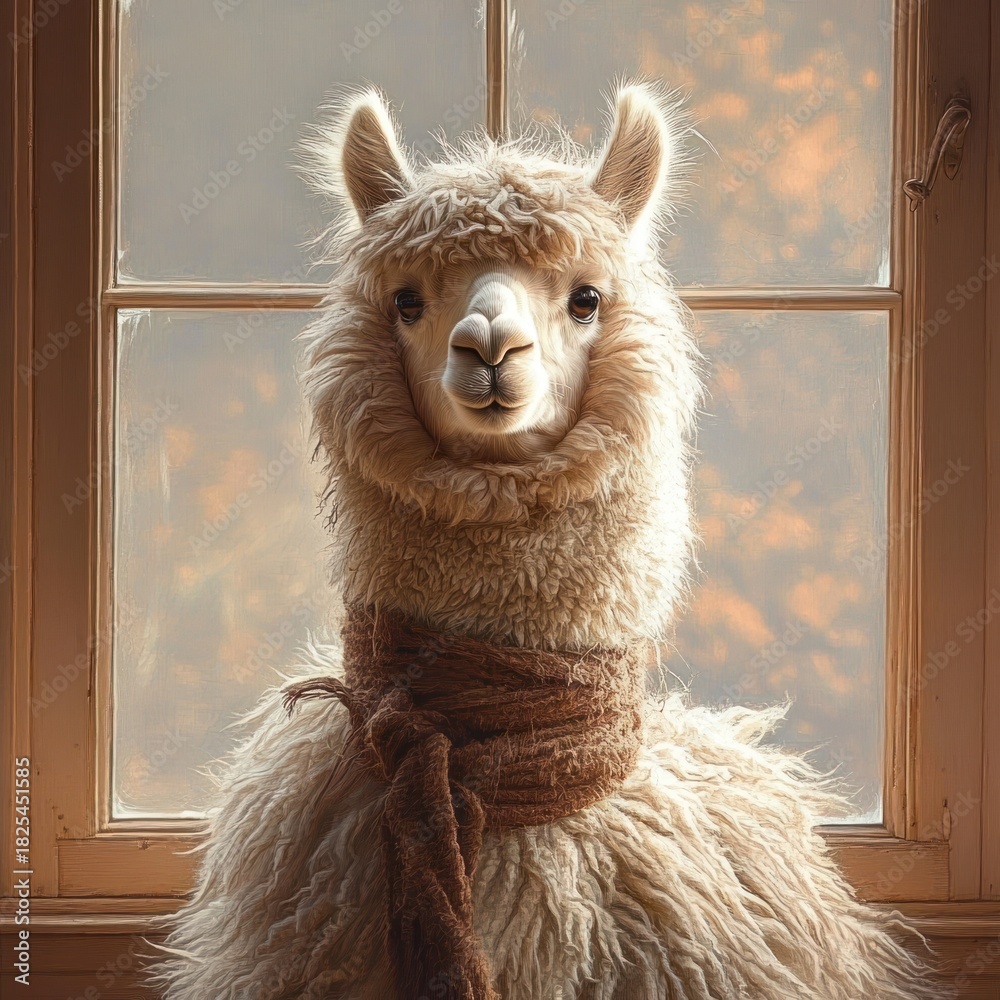 Obraz premium A fluffy alpaca wearing a knitted scarf sits by a window bathed in warm autumn light, looking calm and curious