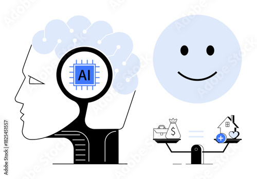 Artificial intelligence concept. Artificial intelligence in human thinking and its use for decision making. Artificial intelligence transforming tech and society. Applications for technology