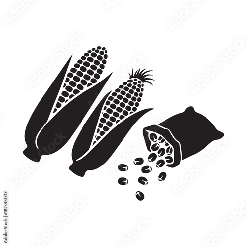 Harvest Abundance Fresh Corn Cobs and Grains Spilling from a Sack Silhouette Design. 