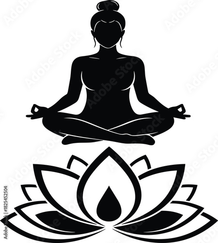 Silhouette of woman meditating in lotus pose, yoga practice, spiritual balance, mindfulness symbol, peaceful energy, wellness illustration