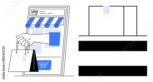 Smartphone screen as storefront with hand holding shopping bags. Cart, awning, digital shopping panel. Ideal for e-commerce, online shopping, retail, technology, consumer behavior marketing