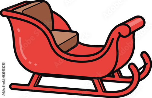 A simple flat vector illustration of a red Christmas sleigh with brown cushioned seats, featuring bold black outlines and subtle highlights,