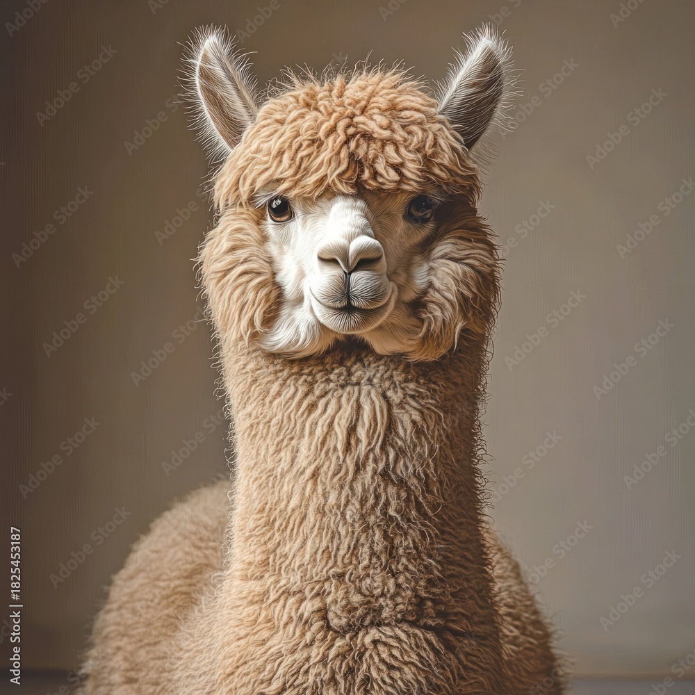 Obraz premium close-up portrait of a fluffy light brown alpaca with large expressive eyes and a calm curious expression against a neutral background