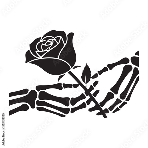 Skeleton Hands Delicately Holding a Single Dark Rose Silhouette Design.
