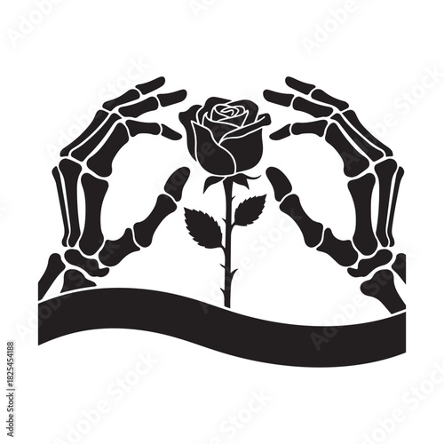 Skeleton Hands Delicately Holding a Single Dark Rose Silhouette Design.