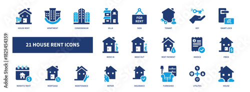 house rent icon set, solid style, vector illustration