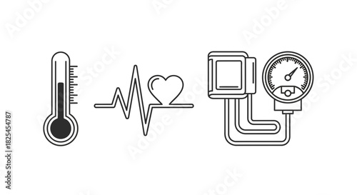 Medical health checkup icons: Thermometer, heartbeat with heart, and blood pressure monitor providing essential health monitoring information
