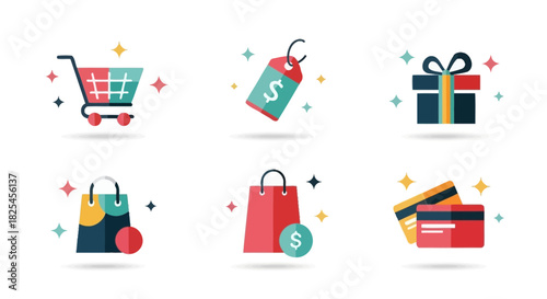 Vector Icons Set of Set of six colorful shopping and commerce icons on a white background. EPS Editable