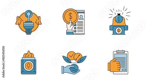 Vector Icons Set of Set of Six Flat Icons Representing Business and Finance Concepts. EPS Editable