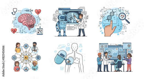 Vector Icons Set of Set of Six Illustrations Depicting Medical Science and Technology Concepts. EPS Editable