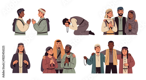 Vector Icons Set of Diverse Group of People in Traditional Islamic Clothing Celebrating Religious Occasions. EPS Editable