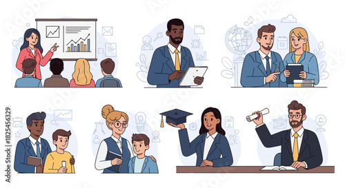 Vector Icons Set of Diverse Group of People in Business and Education Settings. EPS Editable