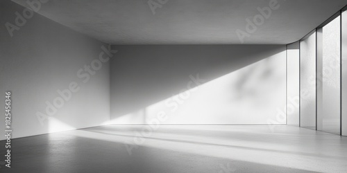 Wallpaper Mural Empty minimalist room with large floor-to-ceiling windows allowing sunlight to cast diagonal shadows on smooth floor and walls Torontodigital.ca