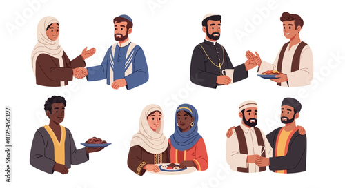 Vector Icons Set of Diverse group of people sharing food and greetings in various cultural settings. EPS Editable