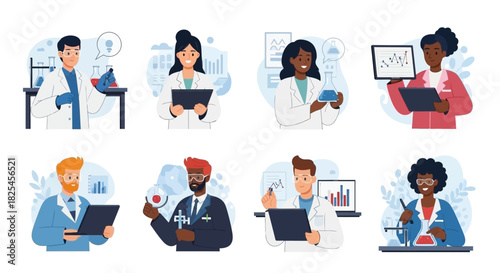 Vector Icons Set of Diverse Group of Scientists and Professionals Engaged in Research and Technology. EPS Editable