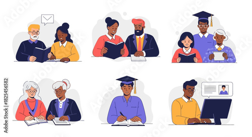 Vector Icons Set of Diverse Group of Students and Educators Engaged in Learning Activities. EPS Editable