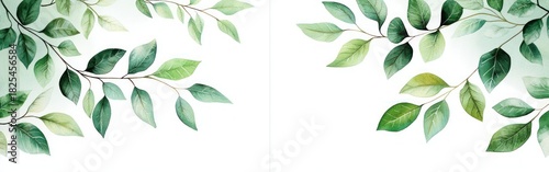 Delicate green watercolor leaves and branches lightly framing the top corners on a clean white background, evoking a fresh and tranquil natural atmosphere