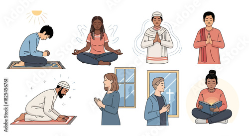Vector Icons Set of Diverse people practicing different religions and spiritual activities together. EPS Editable