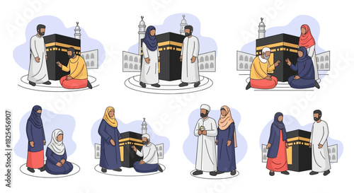 Vector Icons Set of Illustrations of Pilgrims Performing Hajj Rituals Around the Kaaba. EPS Editable