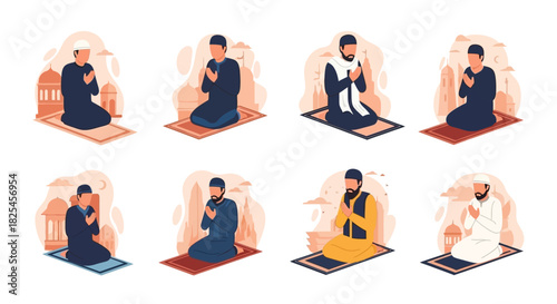 Vector Icons Set of Muslim Men Praying in Traditional Islamic Attire. EPS Editable