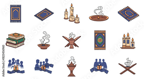 Vector Icons Set of Islamic Cultural Symbols and Religious Items Collection. EPS Editable