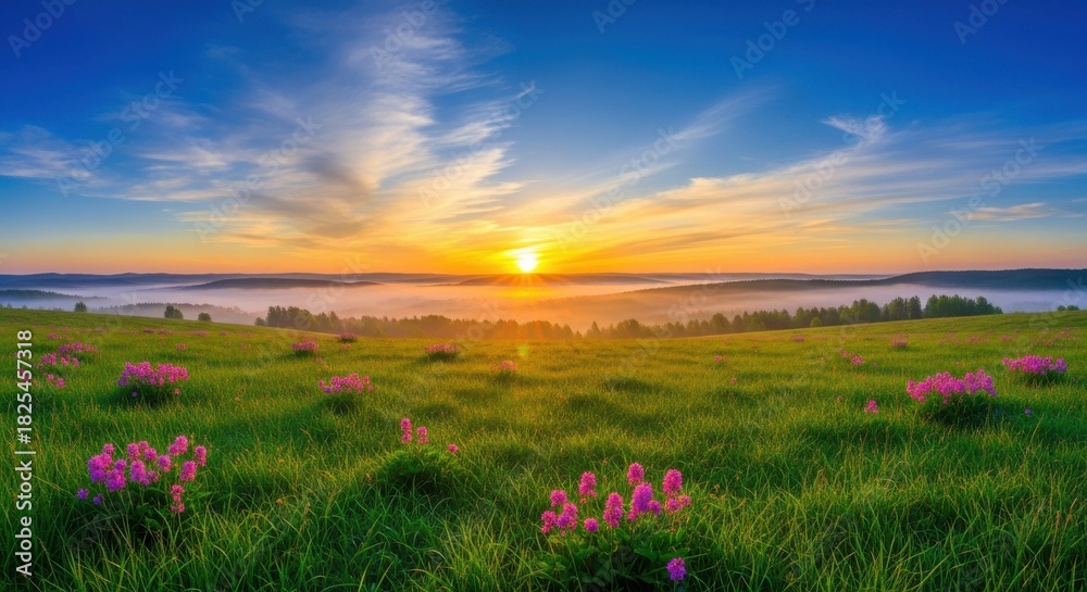 Obraz premium Vibrant sunrise over a misty green meadow dotted with bright pink wildflowers under a dramatic blue and orange sky, creating a breathtaking natural landscape scene