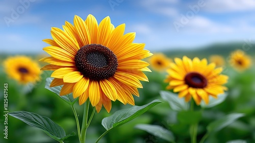 A single, large sunflower with bright yellow petals and a dark center is in sharp focus, with a field of other sunflowers blurred in the background under a brig