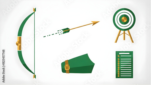 Archery equipment vector set Bow, arrow, target, armguard, and checklist icons for design