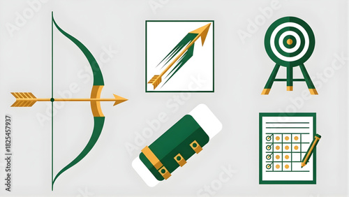 Archery and Target Sports Vector Icons Bow, Arrow, Quiver, and Dartboard Collection