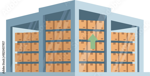 Large warehouse interior filled with stacked cardboard boxes on high shelves, symbolizing inventory management, logistics, and stock control. Ideal for supply chain presentations and shipping services