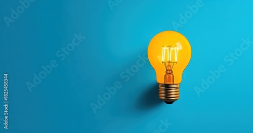 Single glowing yellow light bulb casting shadow on bright blue background symbolizing ideas and creativity
