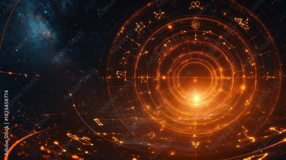 Obraz premium Glowing circular astrological chart with zodiac symbols illuminated in bright orange against a deep space background filled with stars and cosmic dust, evoking mystery and cosmic wonder