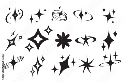 stars with orbit line set vector, sparkling icon and startlihgt vector set, stylized sparkling frame and border. icon and symbol concept