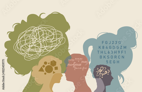 Neurodiversity in men. Logic. Thinking brain. Brainstorming. People with different skills, mindsets or psychological features. Abstract human head profile. Differences in personality characteristics.