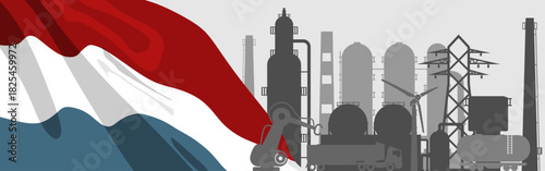 Energy generation and heavy industry of Netherlands. Brochure design. Waved national flag. Power supply and generation. Gas, fuel or oil production. Cisterns and pipes, giant industrial complex.