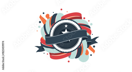 Abstract badge with star and ribbon banner surrounded by colorful, flowing shapes and dots on a white background.