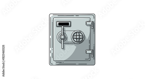 Cartoon-style depiction of a strong, gray security safe with a combination dial and handle, representing safety and protection.