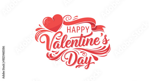 A festive and romantic design featuring elegant red script text Happy Valentine's Day with a heart and decorative swirls.