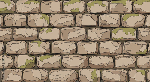 A rustic, weathered stone wall with irregular blocks and patches of green moss, presented as a seamless texture.