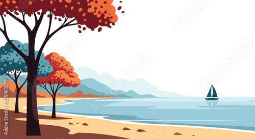 An illustrative coastal landscape features vibrant autumn trees, a serene beach, distant mountains, and a sailboat on calm waters.