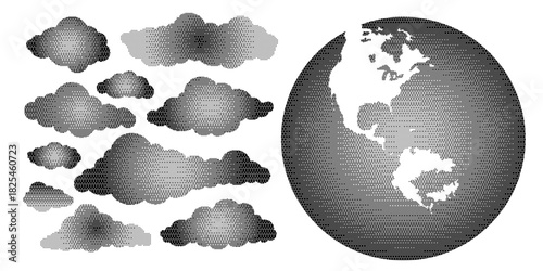 Retro Monochrome Clouds and World Map Icons Set Vector with Pixel Halftone Gradient Style