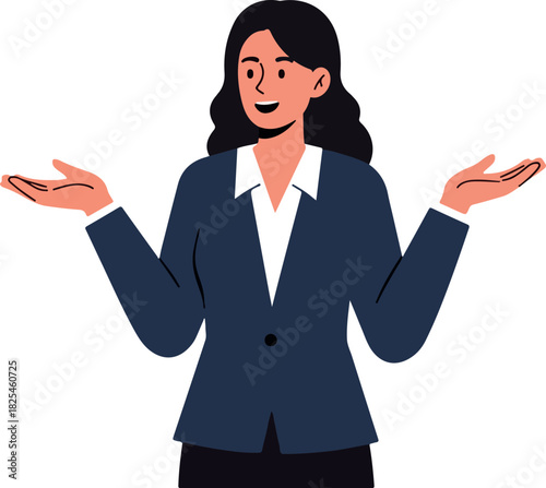 Smiling Businesswoman in Blue Suit Gesturing Open Arms on White Background