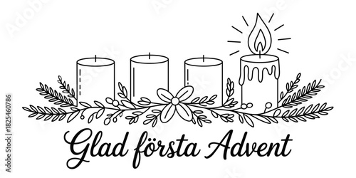 Minimalist line-art first Advent illustration with Swedish text “Glad första Advent” 